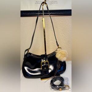 Black Patent Leather Shoulder / Crossbody Bag with Gold Hardware– Brand New